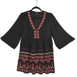 Forever 21 Embroidered Peasant Tunic Top Woman Medium Bell Sleeve Bohemian Black